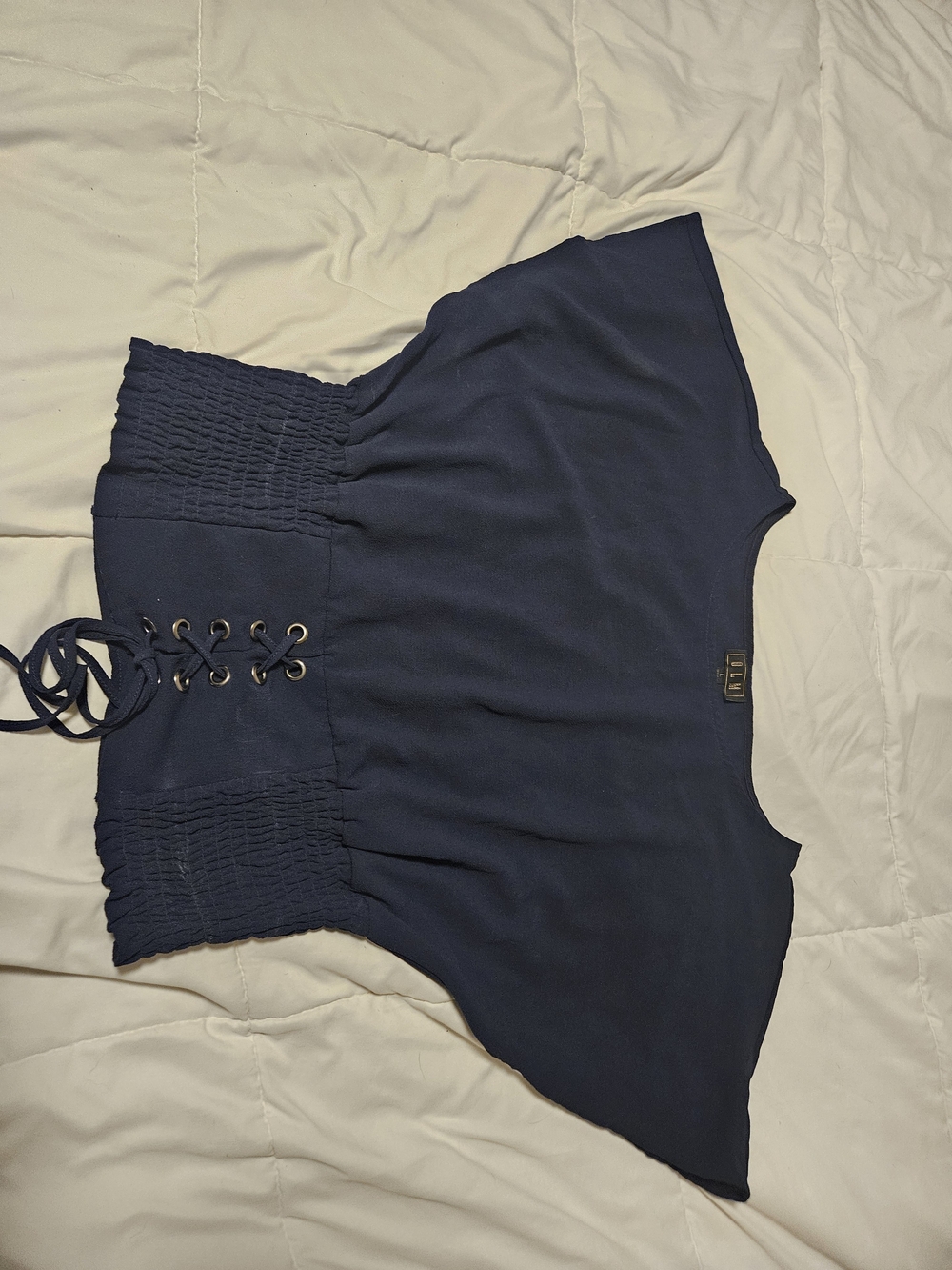 Smocked Lace-Up Navy Crop Top